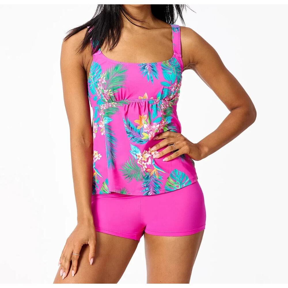 Kim Gravel x Swimsuit  For All Womens Pink Floral Padded Tankini Shorts Size 14